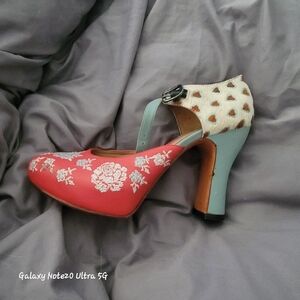 John Fluevog Pink and Blue Embroidered Heels